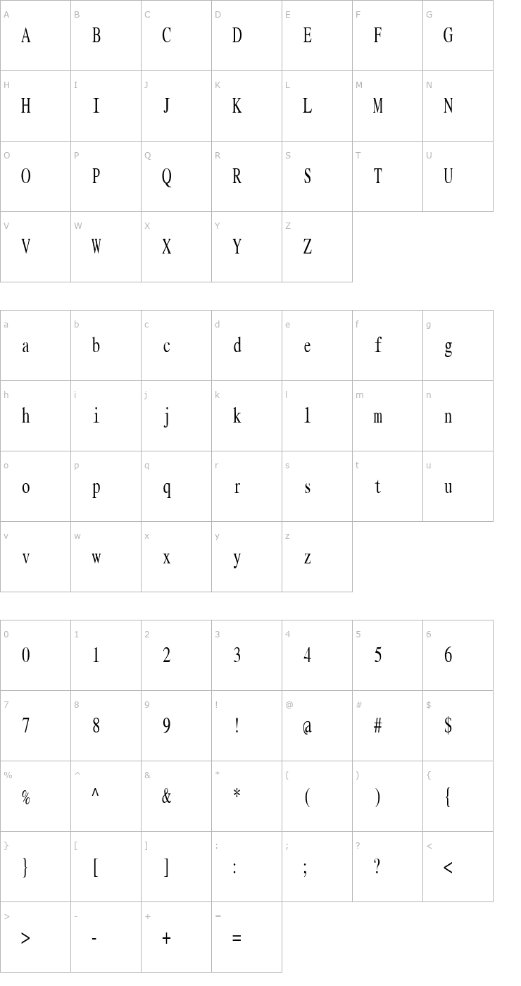 Character Map RomanMonoCondensed Font