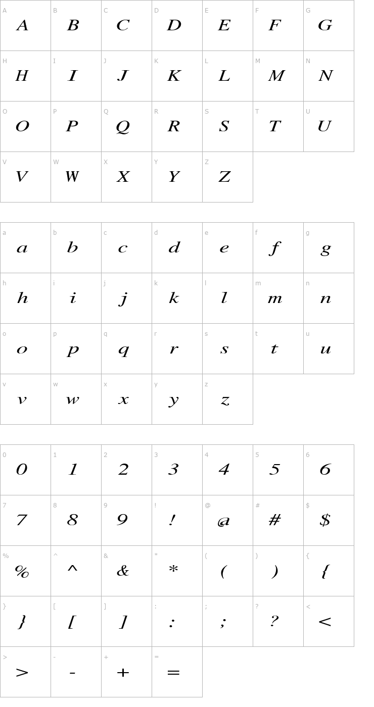 Character Map RomanMonoExtended Italic Font