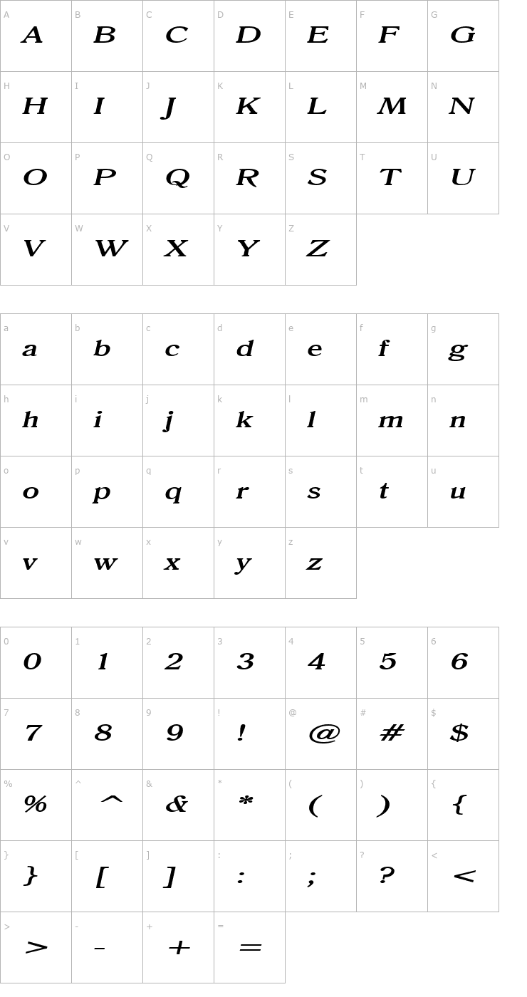 Character Map Roomy Extended BoldItalic Font