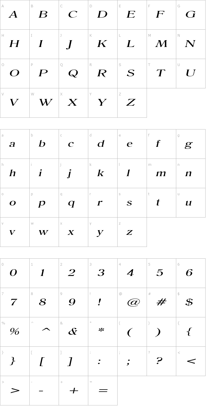 Character Map Roomy Extended Italic Font
