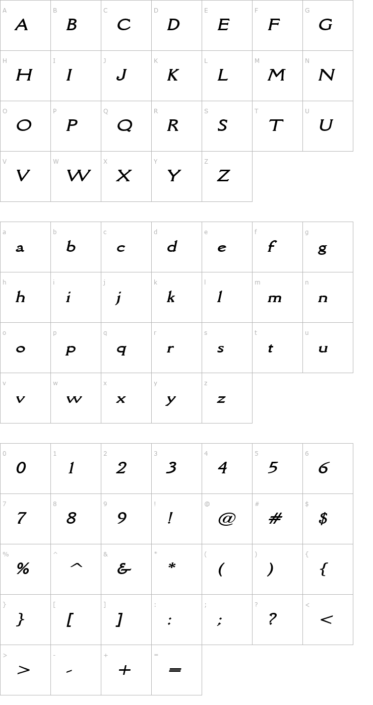 Character Map Rory Wide BoldItalic Font