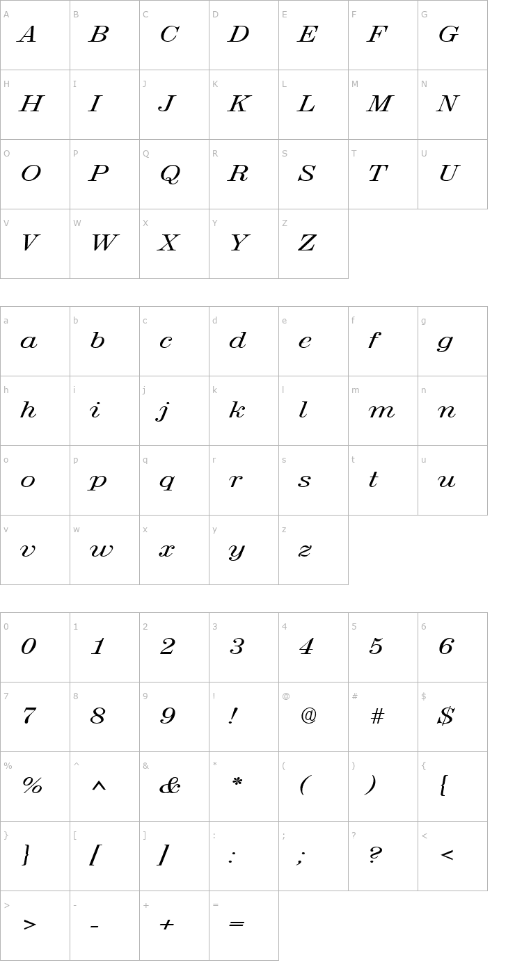 Character Map RubyScriptBroad Regular Font