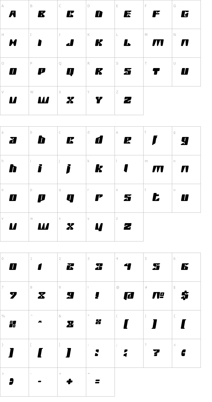 Character Map Rush One Font