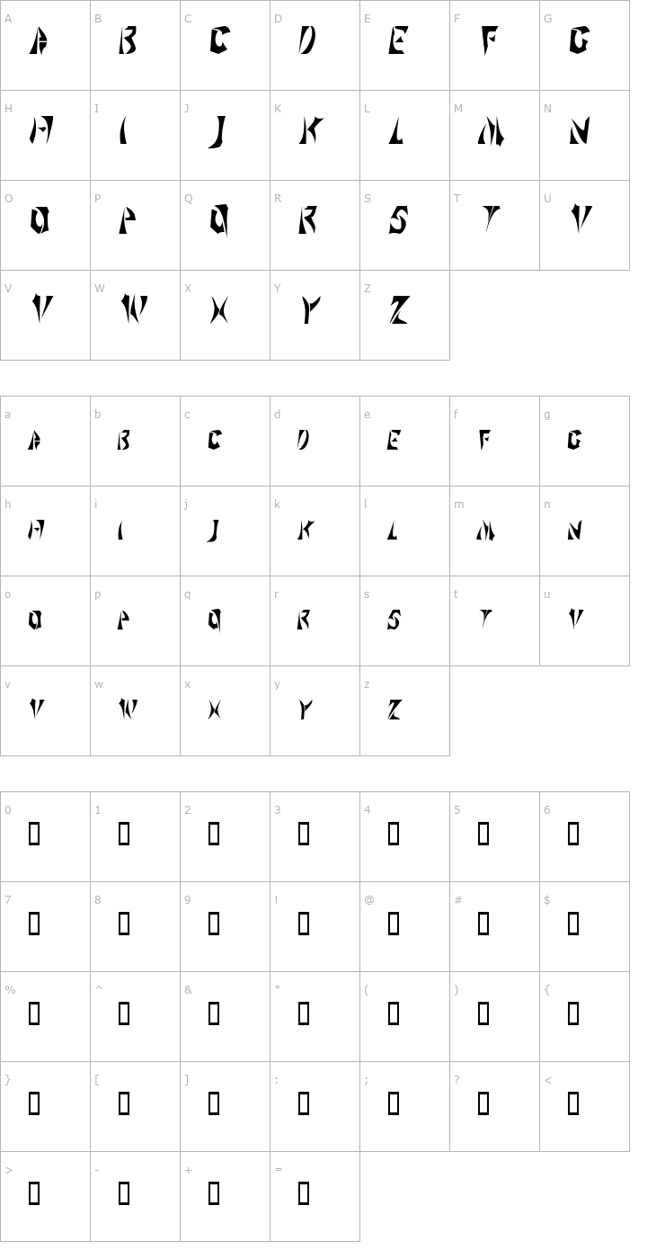 Character Map SabertoothCondensed Font