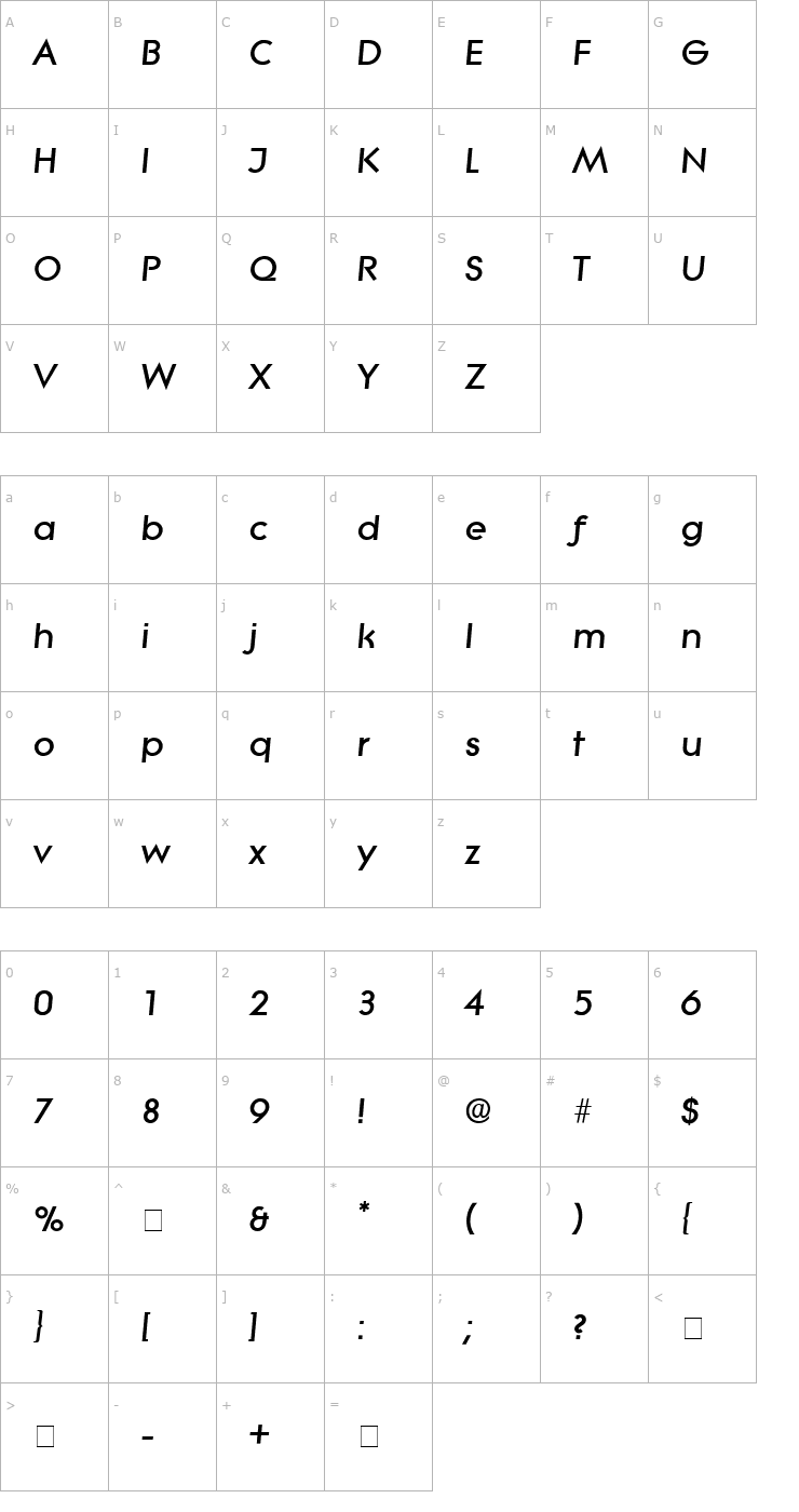 Character Map Sabor Display SSi Italic Font