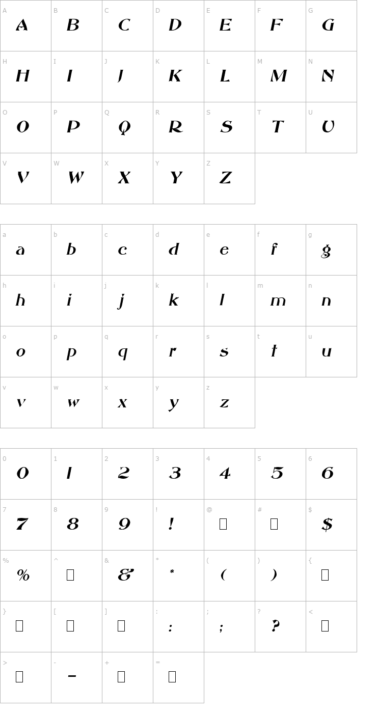 Character Map Saccule Oblique Font