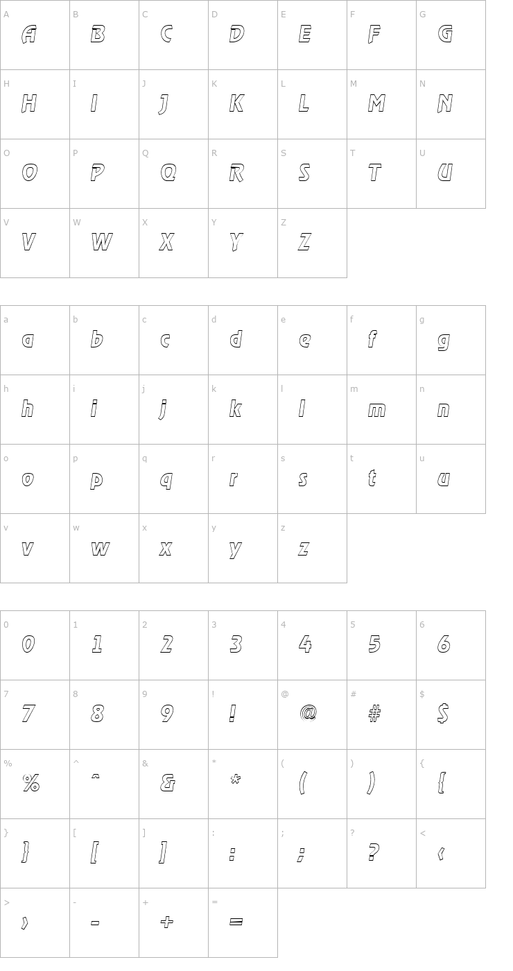 Character Map SalBeckerOutline-BoldItalic Font