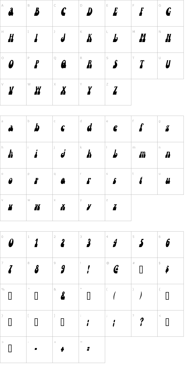 Character Map SandCastlesCondensed Oblique Font