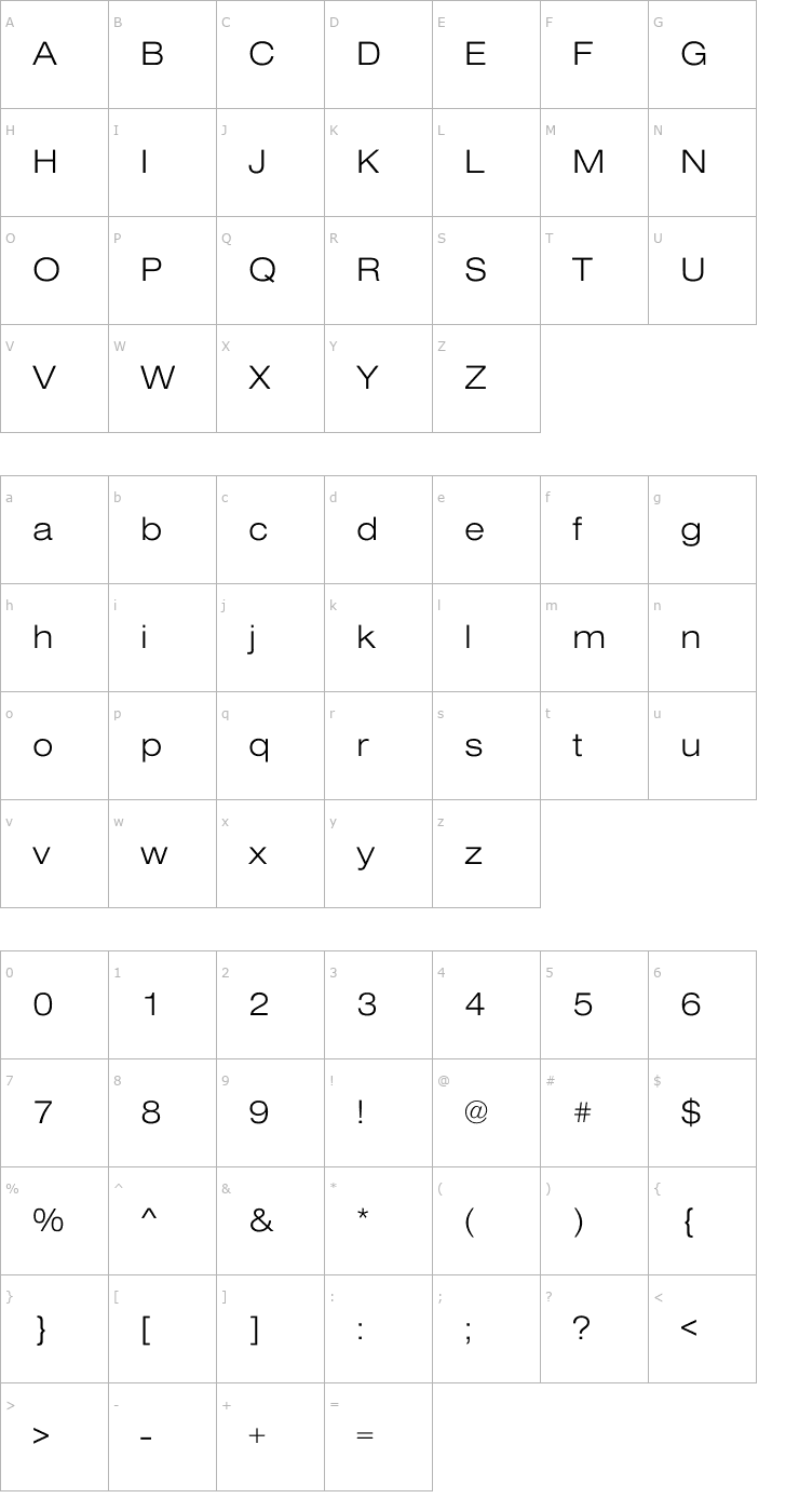 Character Map Sans Light Extended Font