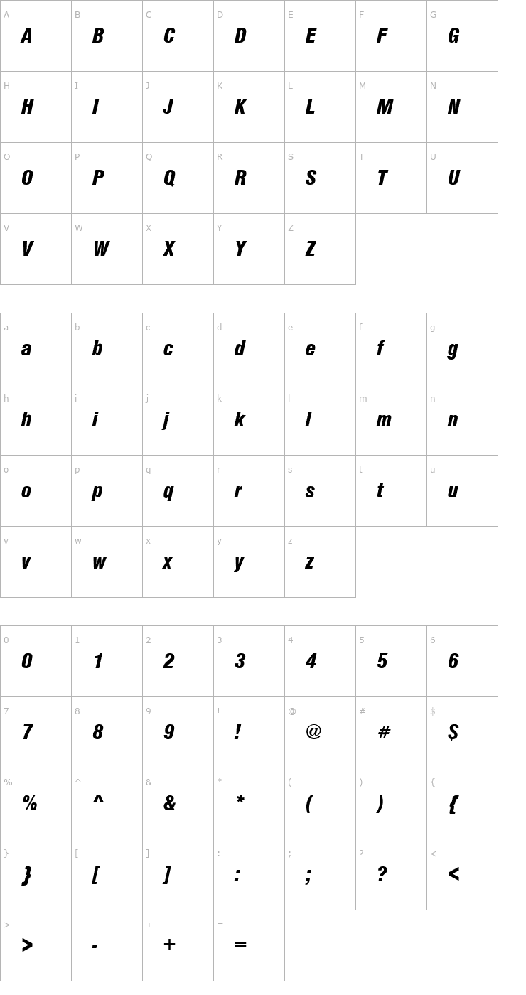 Character Map SansCondLH Bold Italic Font