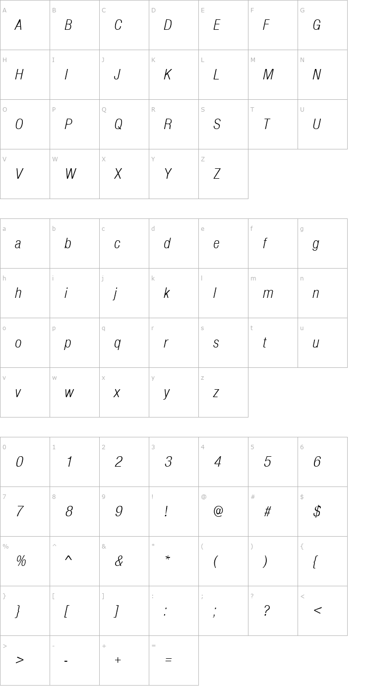 Character Map SansCondLH Italic Font