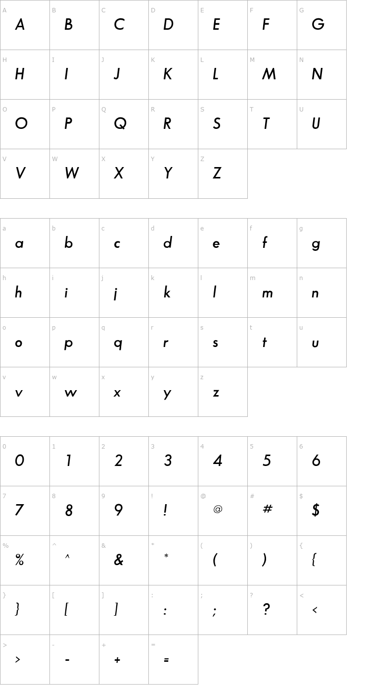 Character Map SansSerifFLF-DemiItalic Font