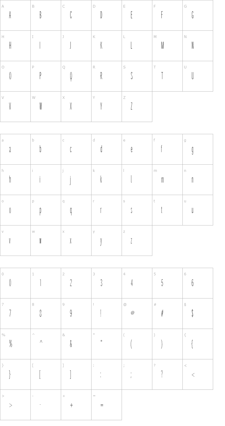 Character Map SantanaXtraCondensed Font