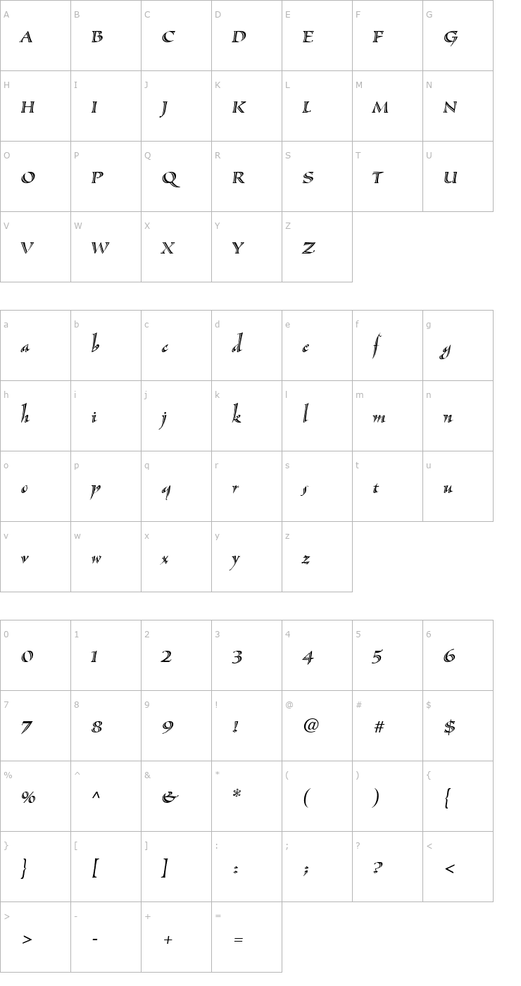 Character Map SassafrasLx-Italic Font