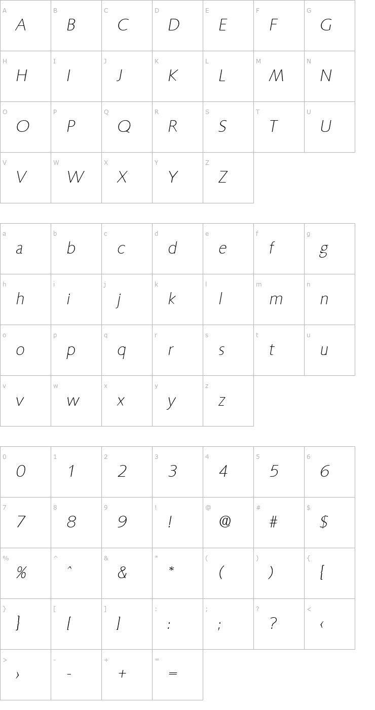 Character Map Saxony-Serial-ExtraLight-RegularItalic Font