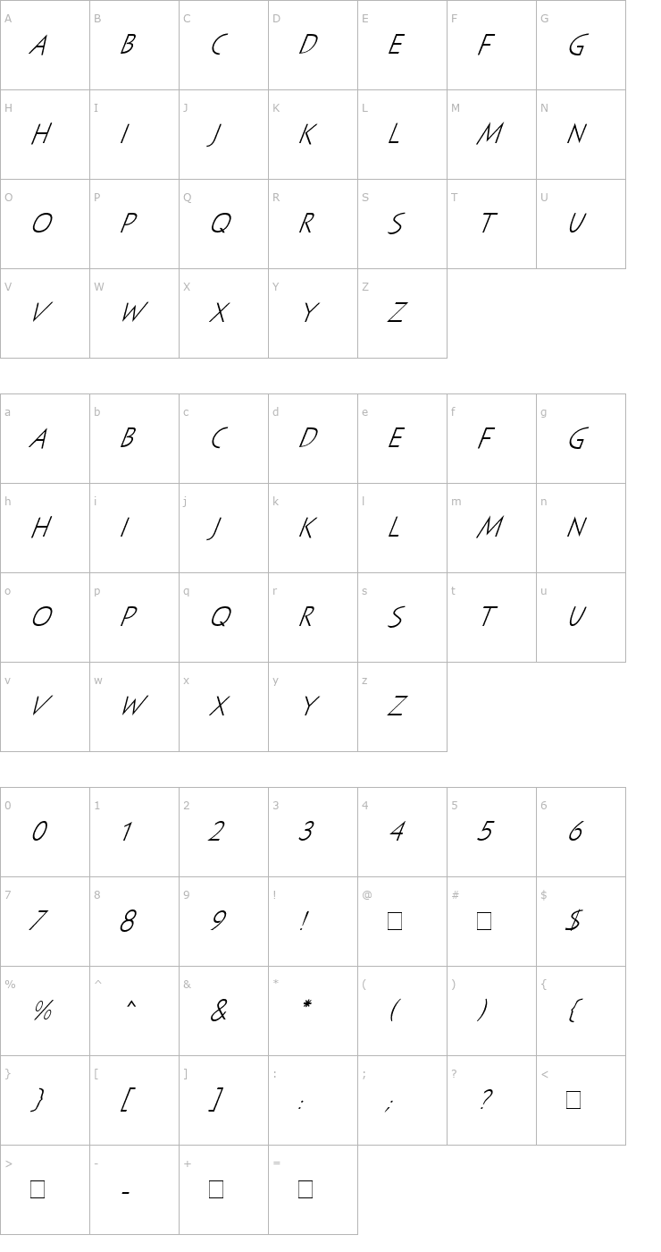 Character Map Sayer Spiritual MN Italic Font