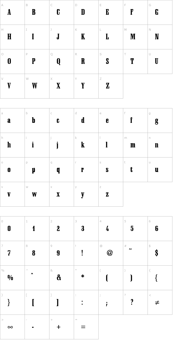 Character Map SchadowCondHeavy-Regular Font