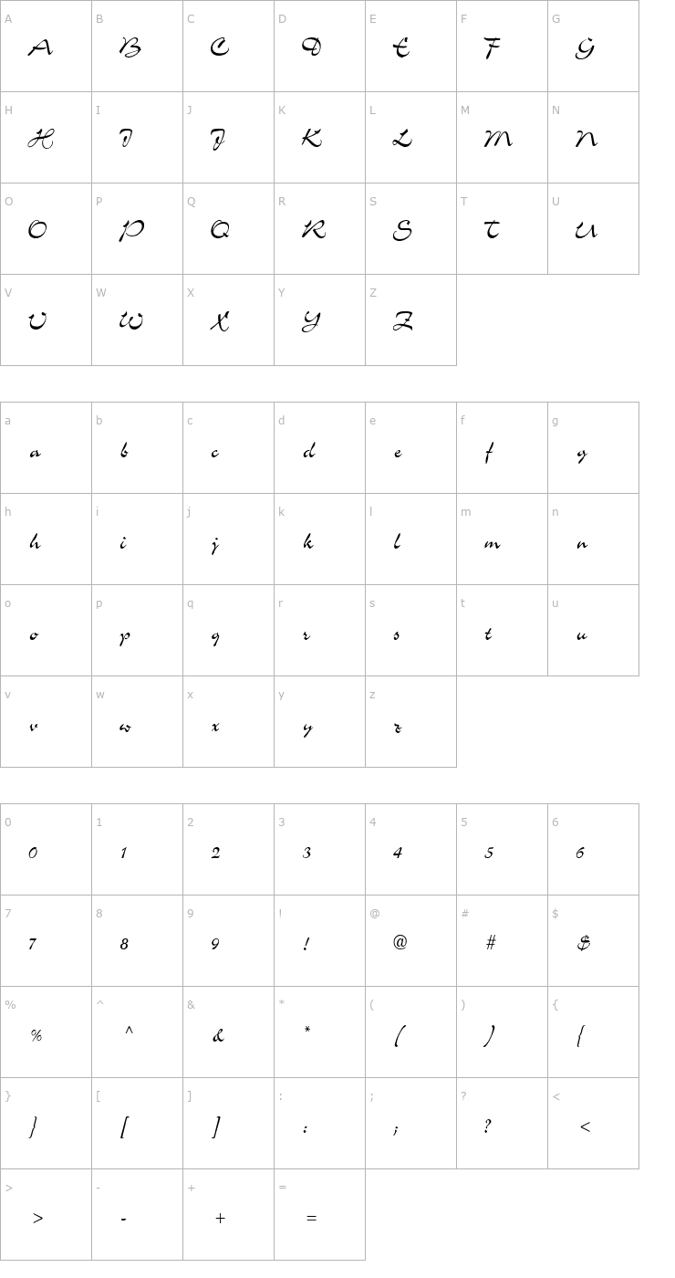 Character Map ScheherezadeCondensed Font