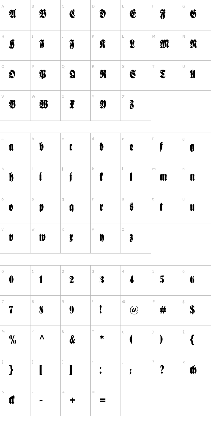 Character Map Schmale Anzeigenschrift Font