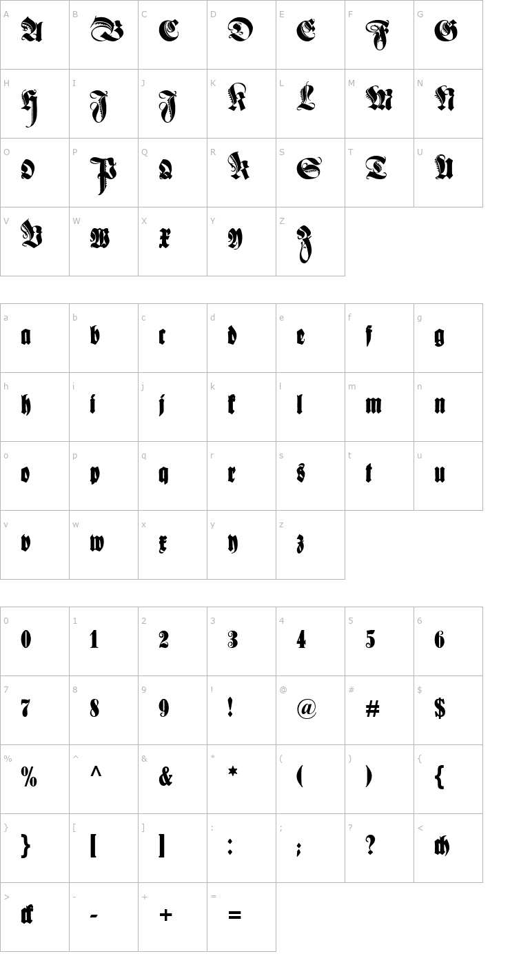 Character Map Schmale Anzeigenschrift Zier Font