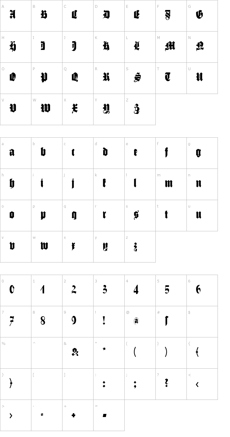 Character Map SchmalfetteGotisch Font