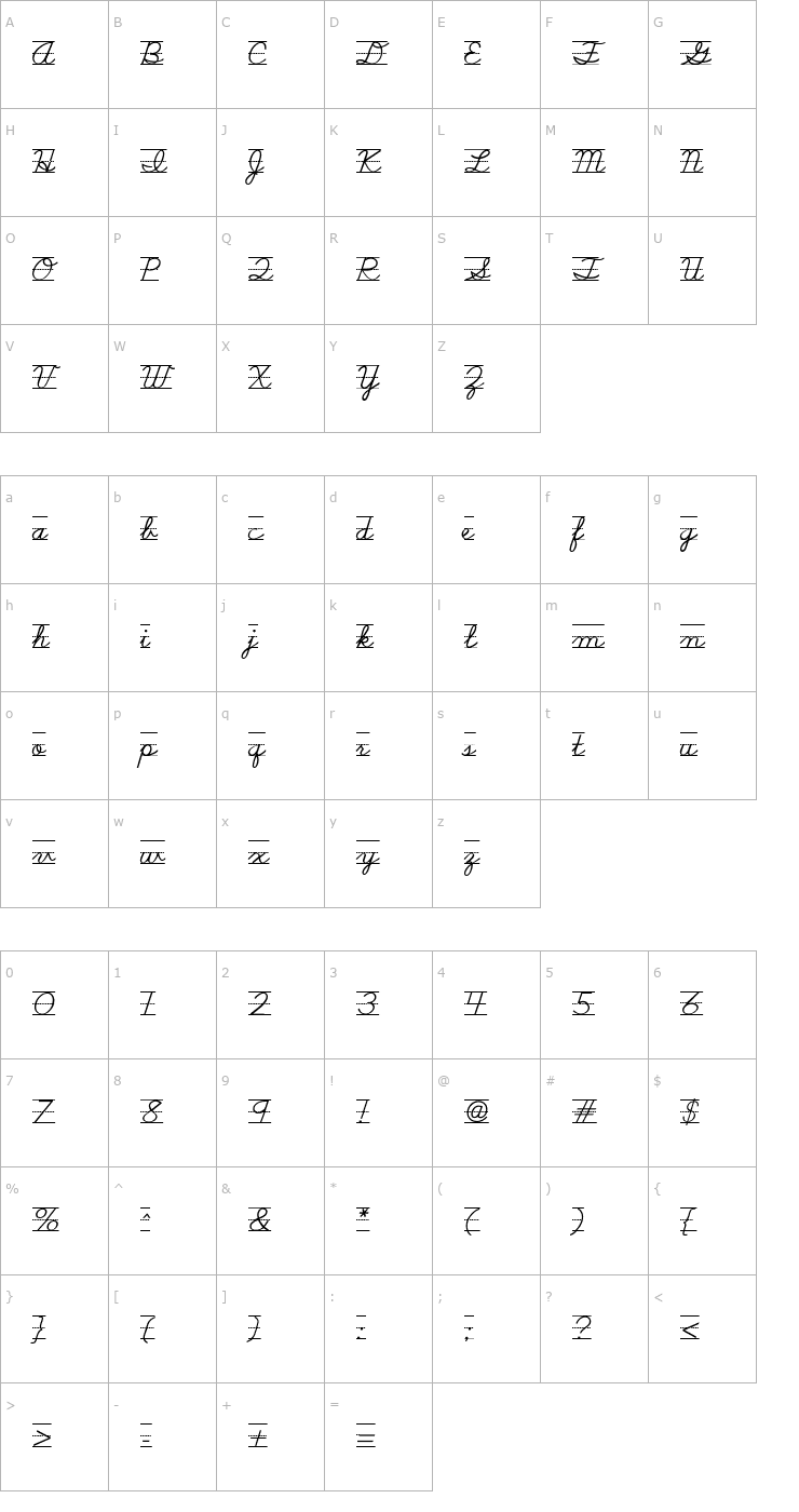 Character Map School Script Dashed Font