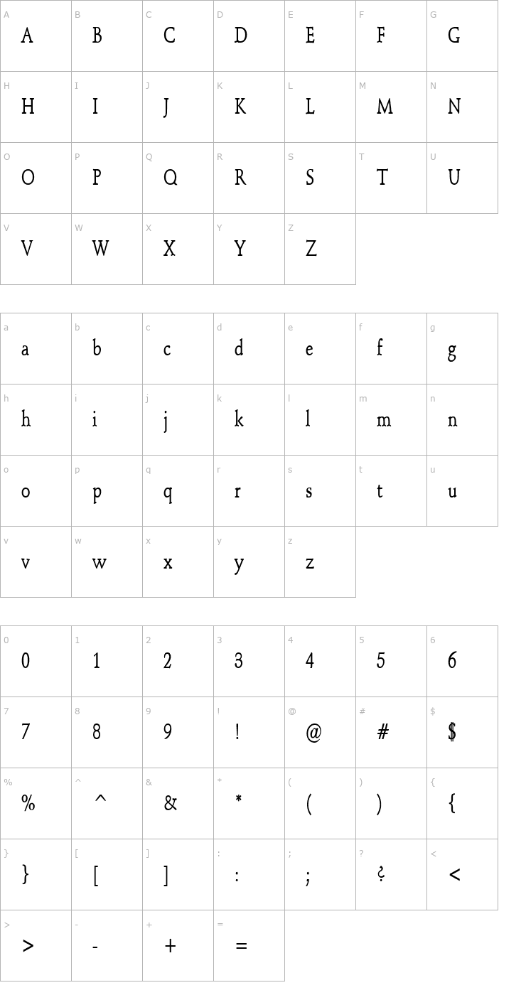 Character Map Schroeder Condensed Bold Font