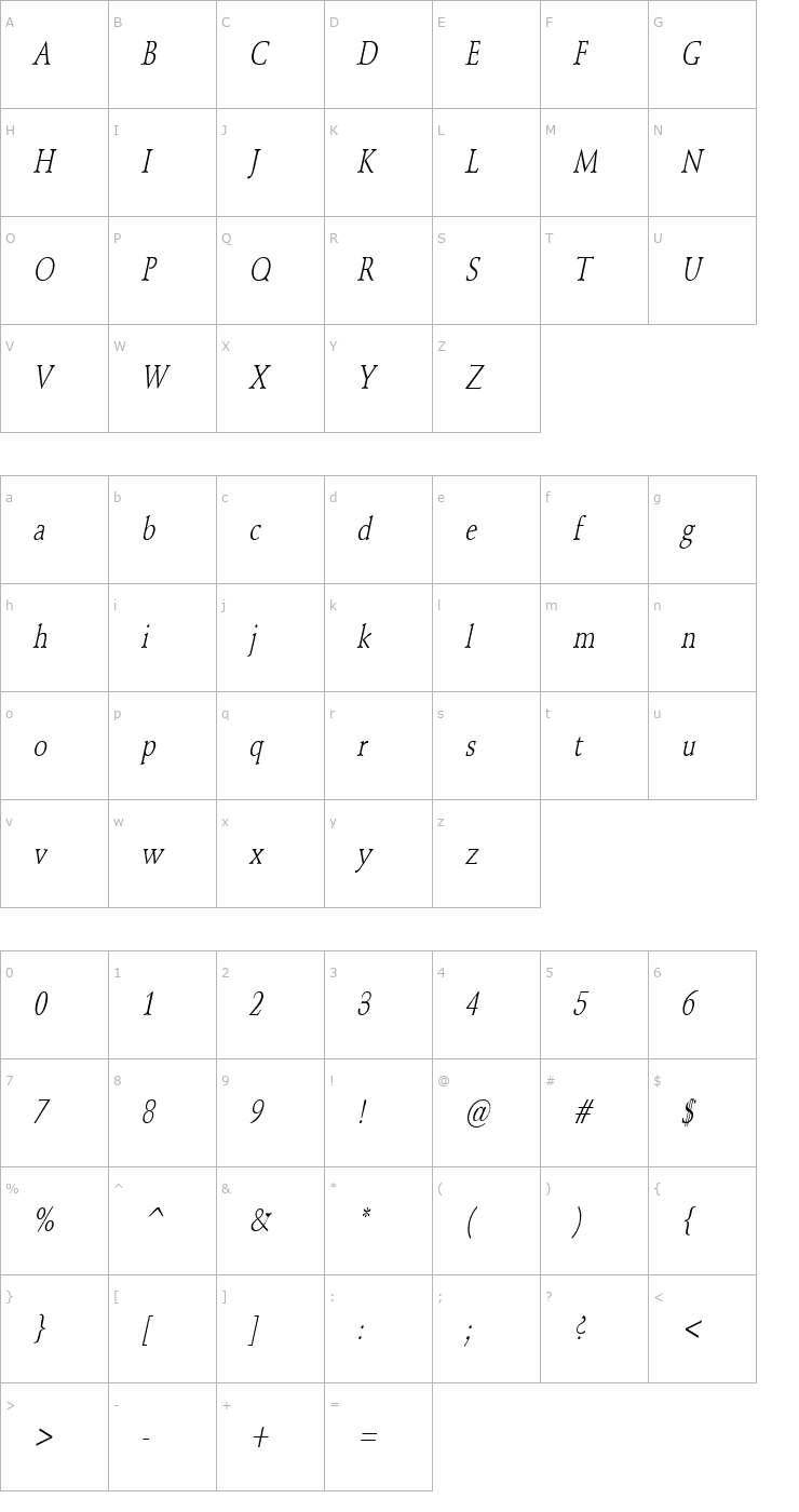 Character Map Schroeder Condensed Italic Font