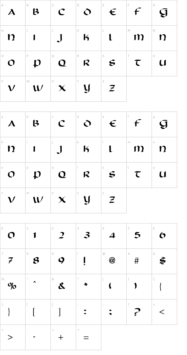 Character Map Scotford Uncial Regular Font