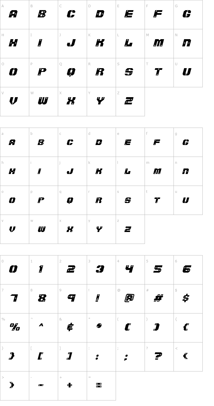 Character Map Screwed AOE Oblique Font