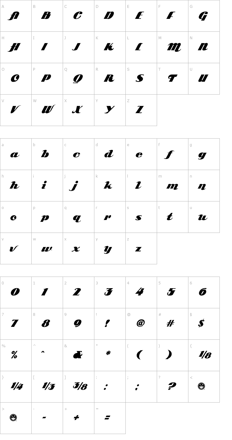 Character Map SCRIPT1 ARB-85 Poster Script Normal Font