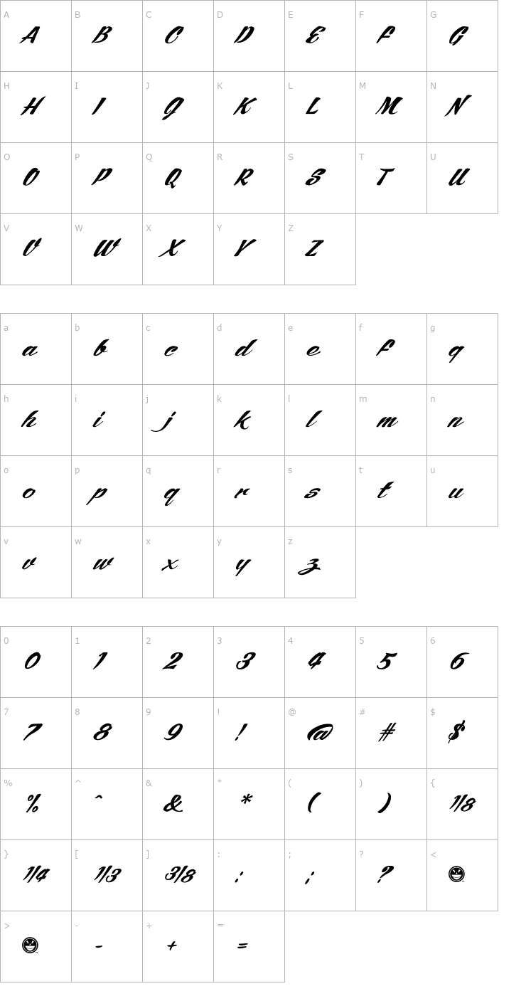 Character Map SCRIPT1 ARB245 Bold Spencerian Normal Font