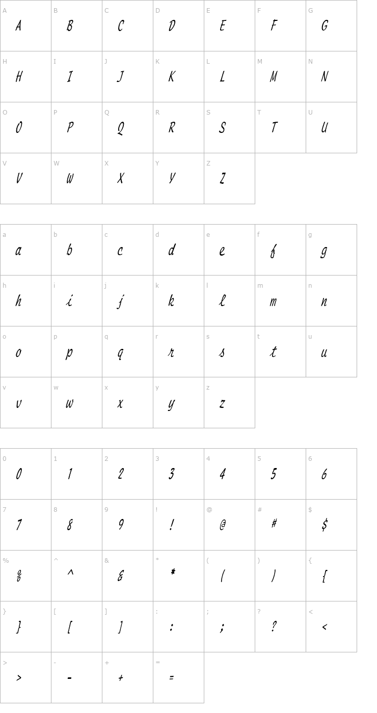 Character Map ScriptMonoCondensed Italic Font