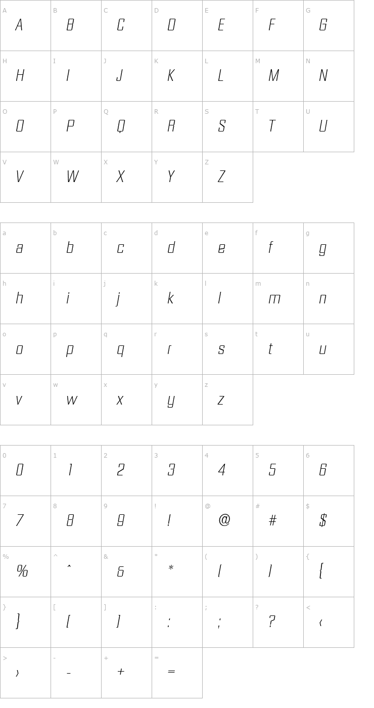 Character Map SeanBecker-ExtraLight Italic Font
