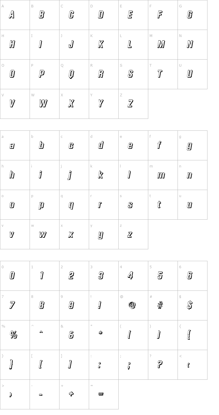 Character Map SeanBeckerShadow-BoldItalic Font