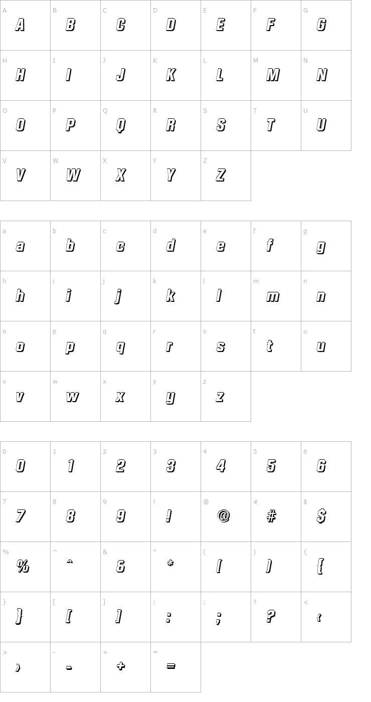 Character Map SeanBeckerShadow-ExtraBold-Italic Font