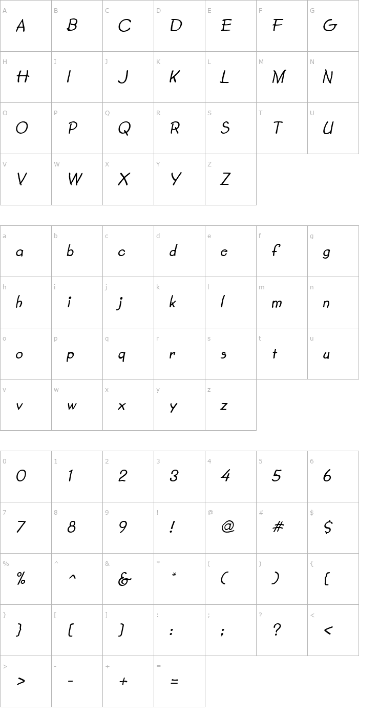 Character Map SecondGrader Italic Font