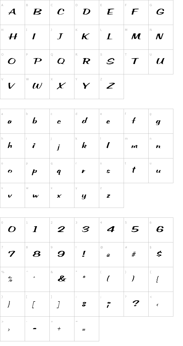 Character Map SeldaneScript Italic Font