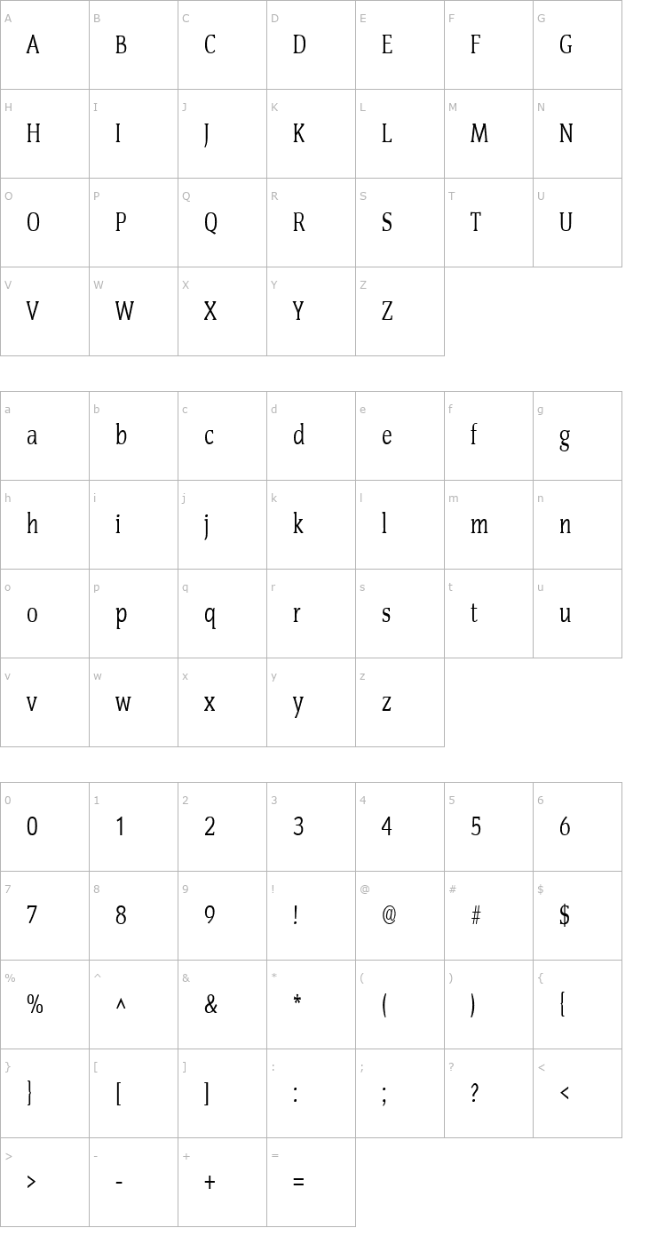 Character Map SenateCondensed Regular Font