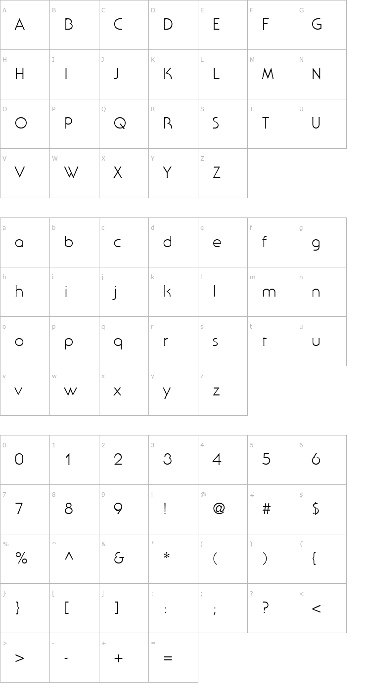 Character Map SerifGothic-Light Font
