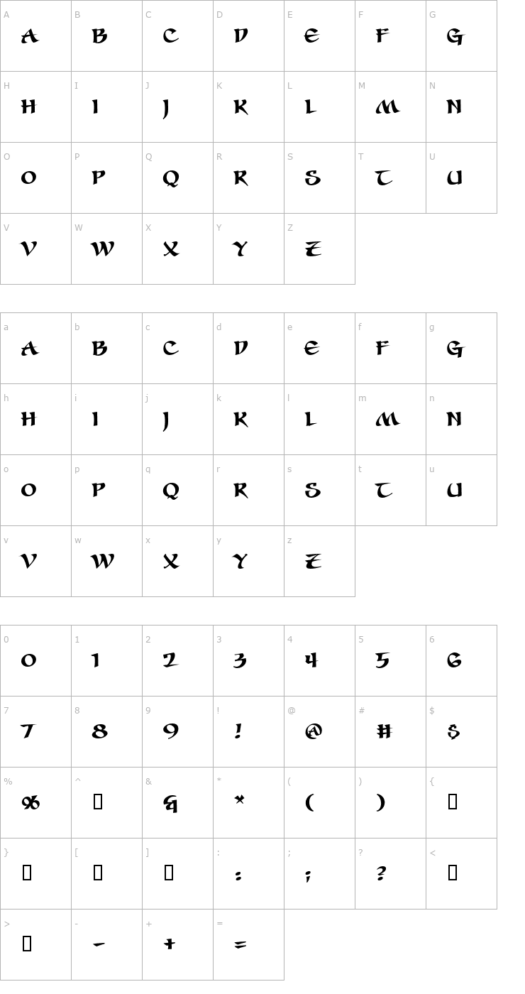 Character Map Seven Swordsmen BB Font