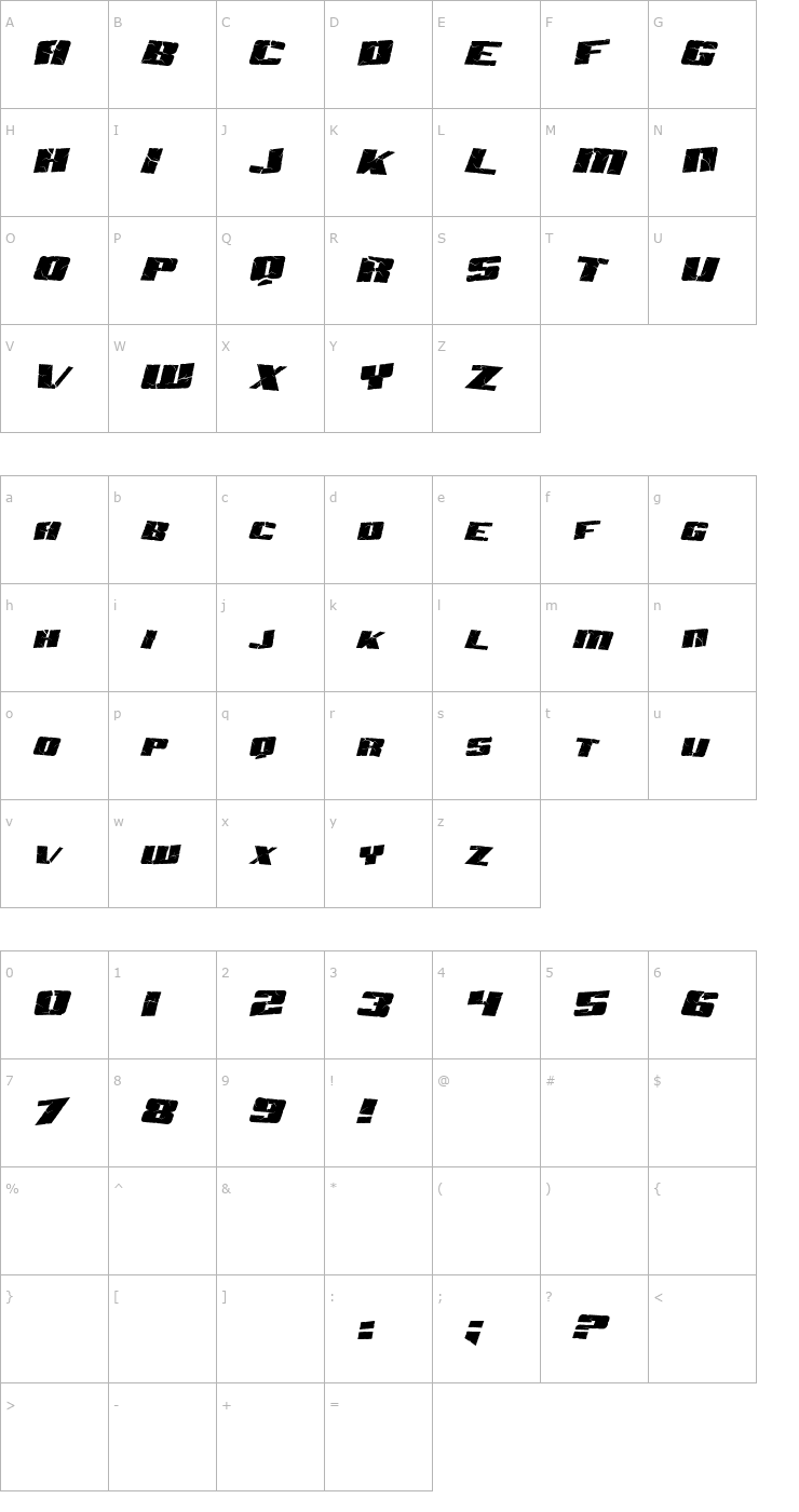 Character Map SF Aftershock Debris Italic Font