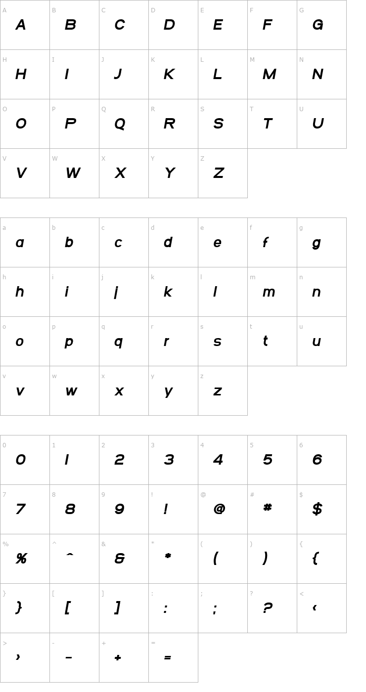 Character Map SF Arborcrest Heavy Oblique Font