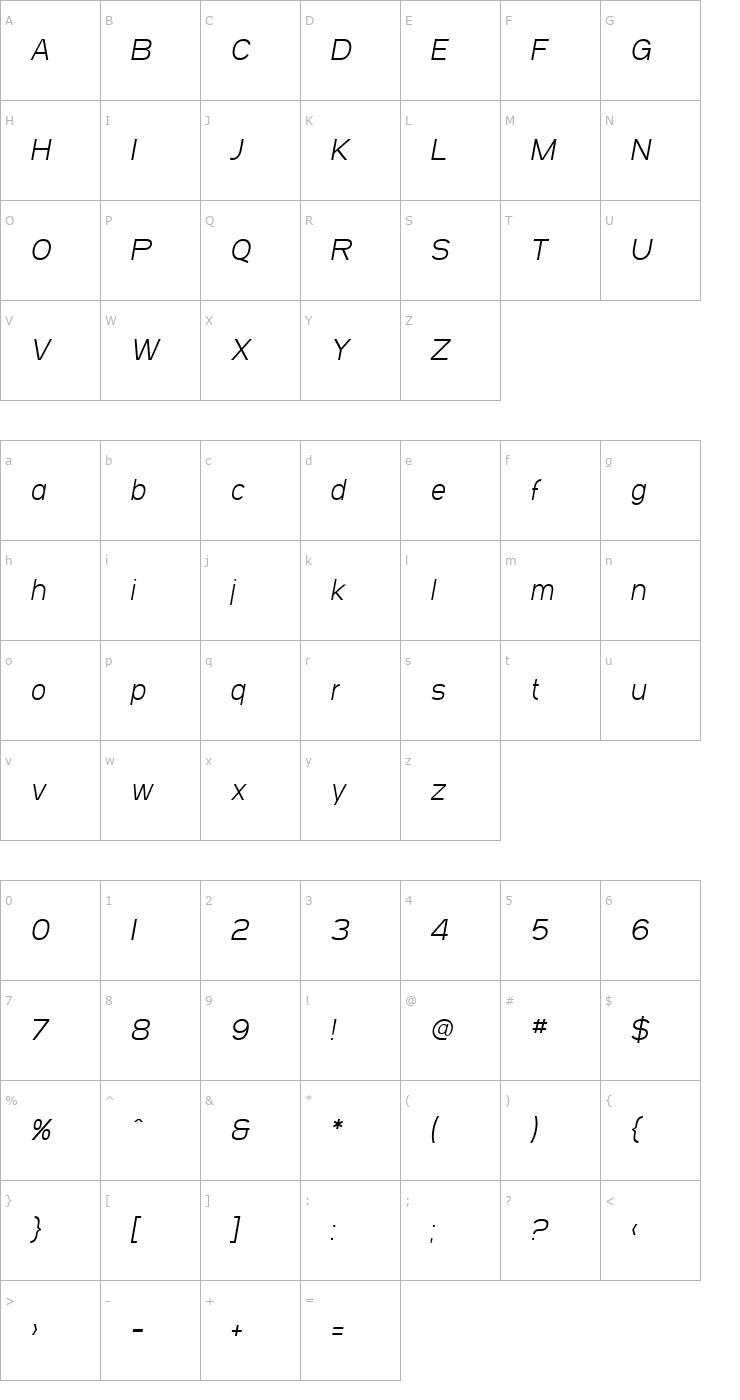 Character Map SF Arborcrest Light Oblique Font
