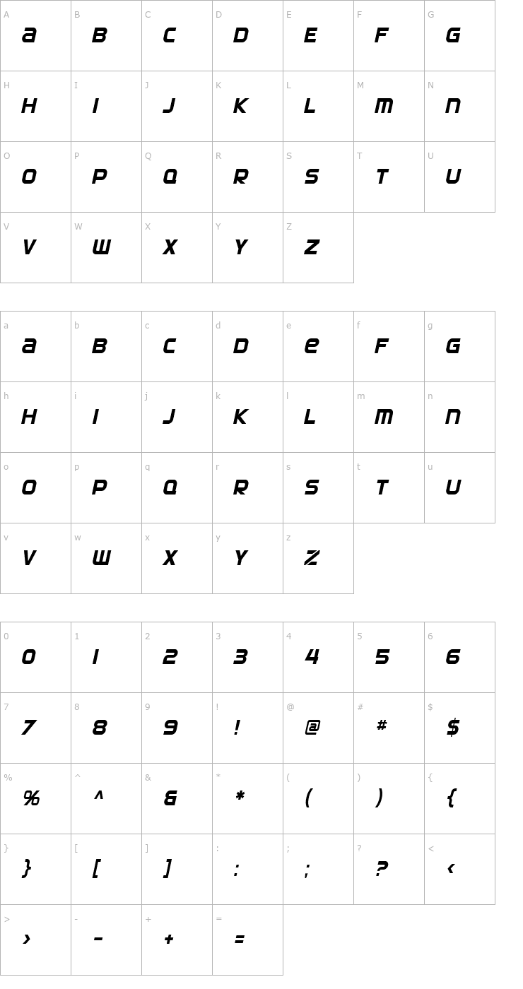 Character Map SF Automaton Condensed Oblique Font