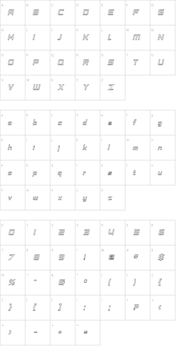 Character Map SF Chaerilidae Outline Oblique Font