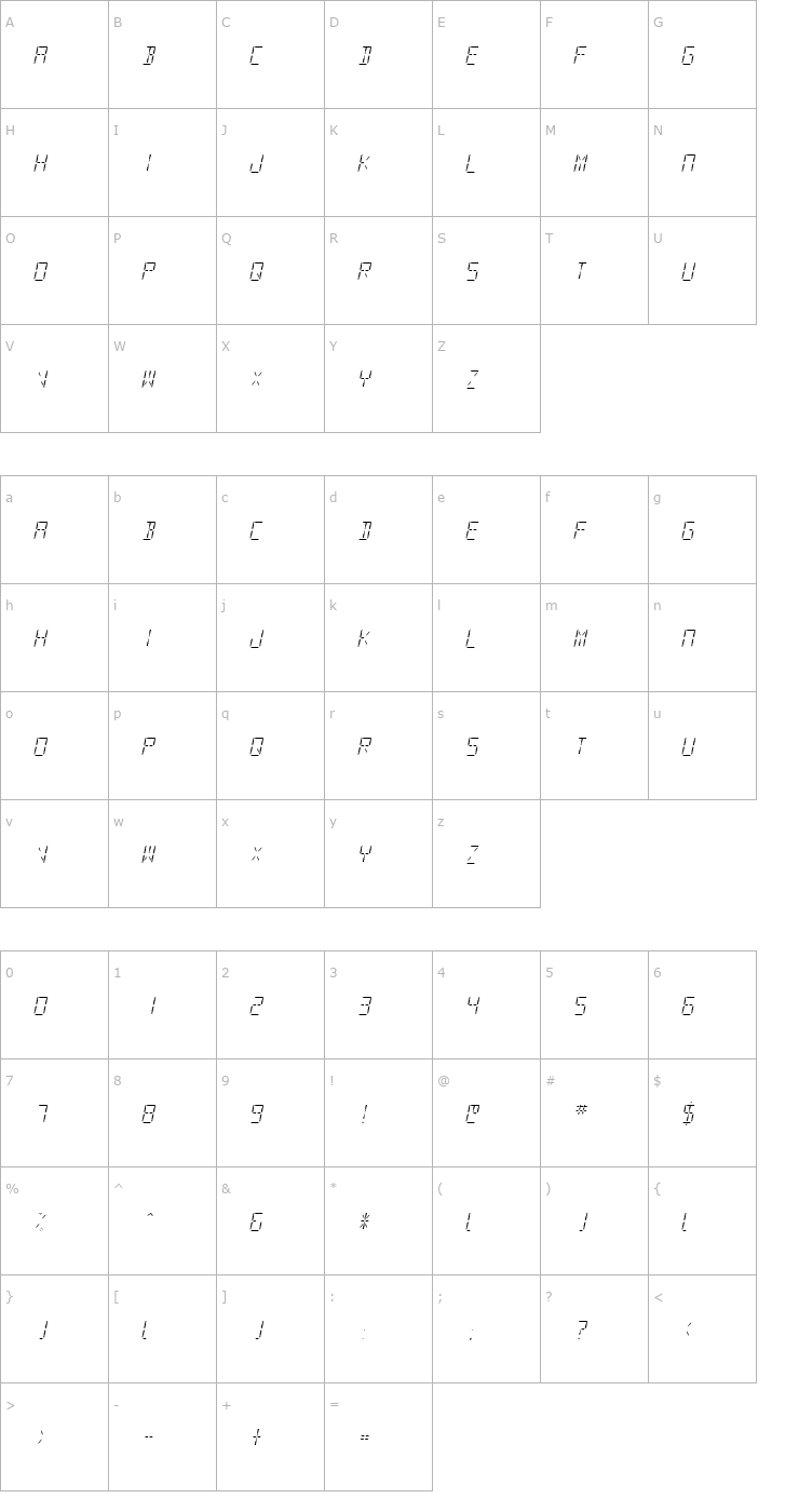 Character Map SF Digital Readout Light Oblique Font