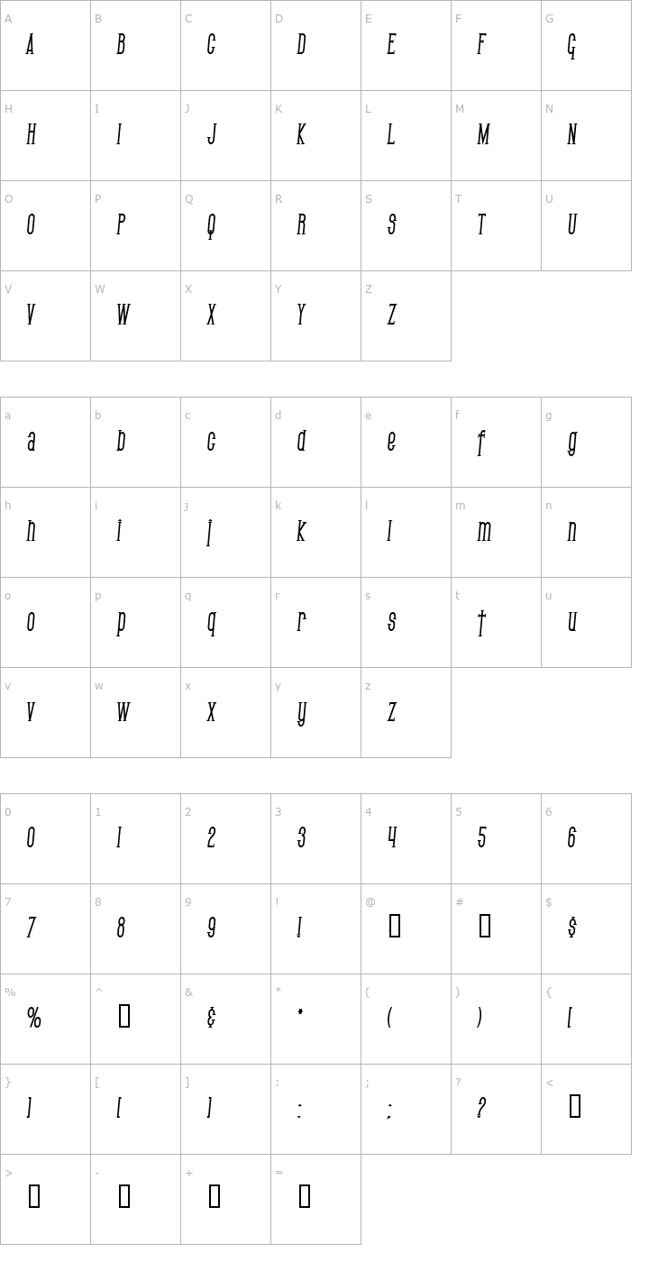 Character Map SF Gothican Condensed Bold Italic Font