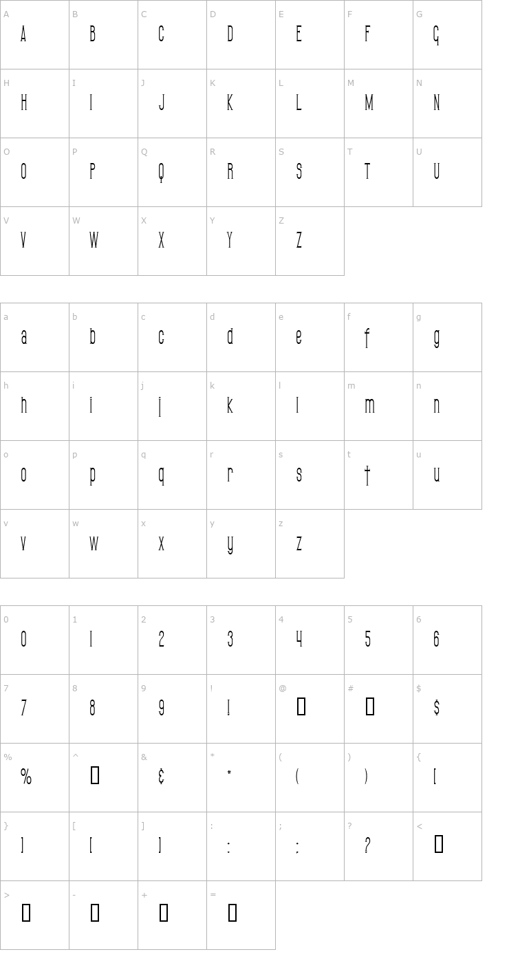 Character Map SF Gothican Condensed Font
