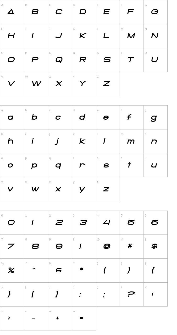 Character Map SF Grandezza Heavy Oblique Font